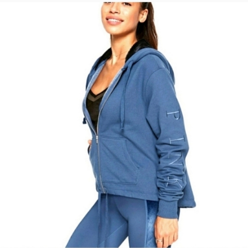 VICTORIA'S SECRET PINK Blue zip up hoodie with black faux fur lined hood - Picture 1 of 3